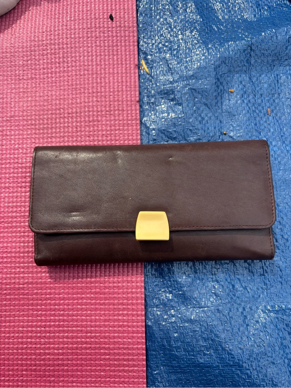 Elegant Dark Brown Leather Clutch with Gold-Tone Push Lock